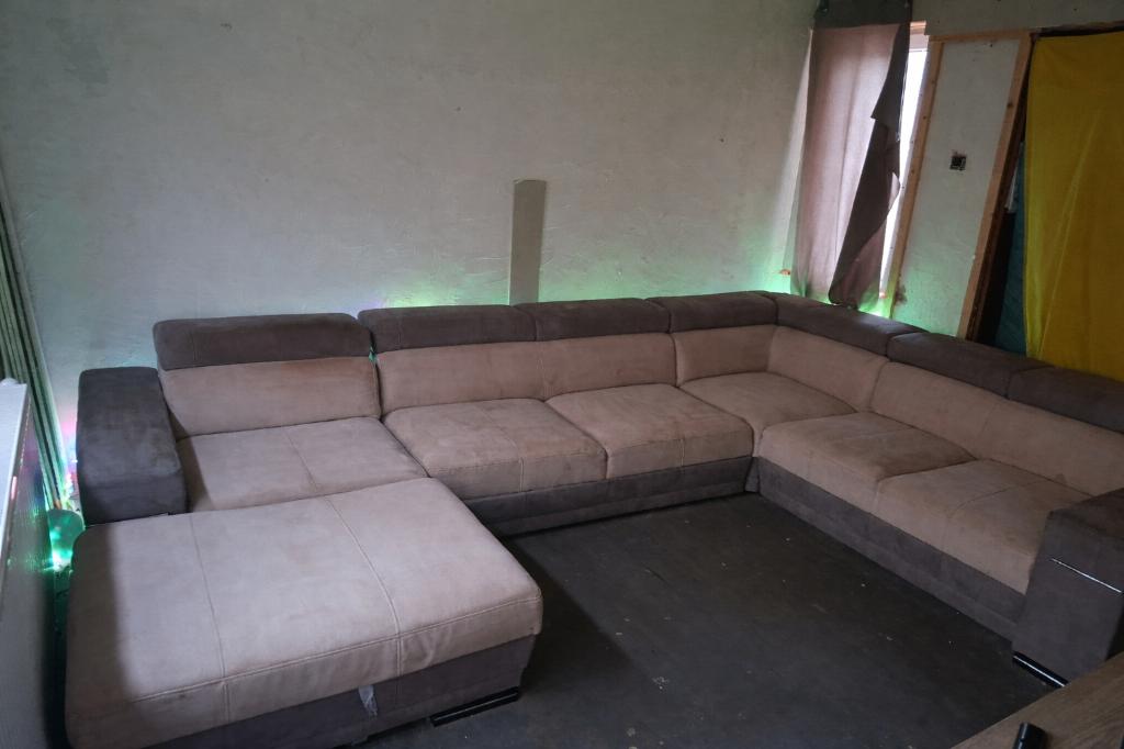 Beige, Huis en Inrichting, Zetels | Zetels, Zo goed als nieuw, Hoekbank, Overige maten, 250 tot 300 cm, 100 tot 125 cm, Stof, Ophalen