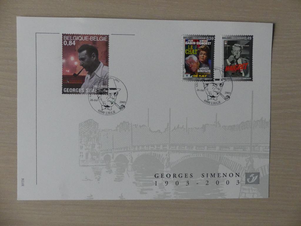 Carte souvenir 2003 Georges Simenon (3167/68 et 3169), Enlèvement ou Envoi