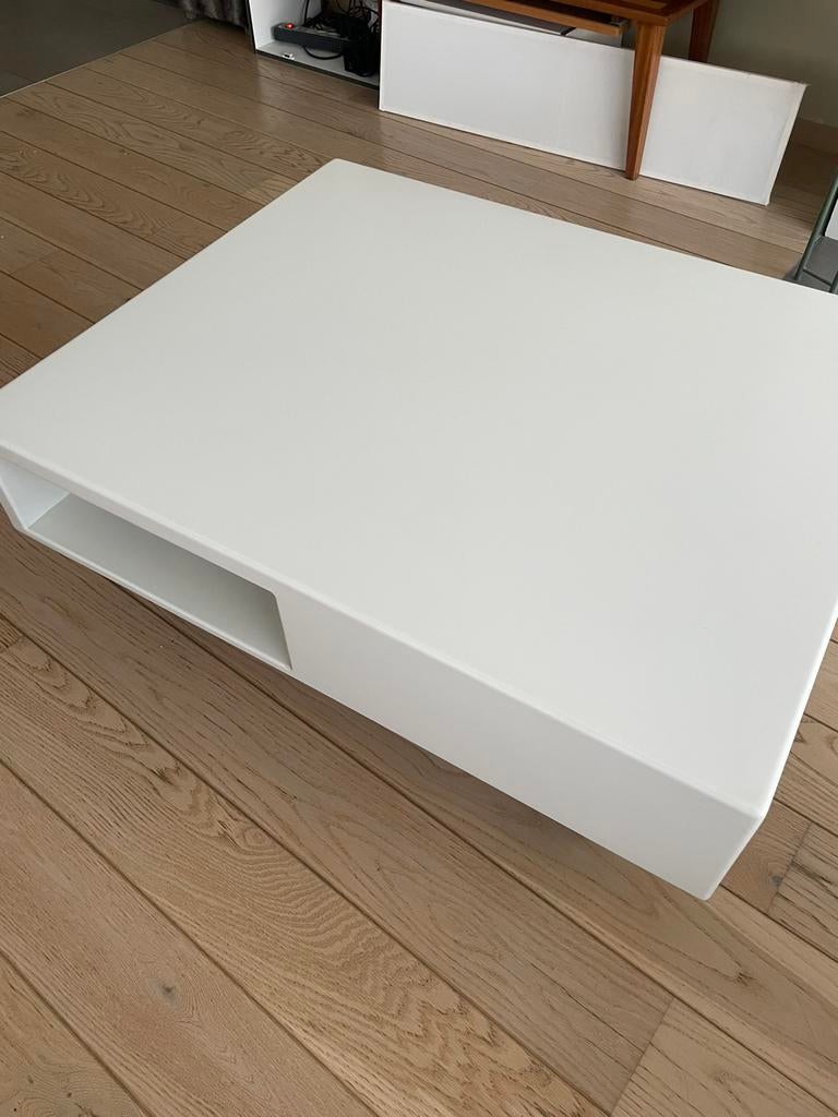 Design, maatwerk salontafel, wit gelakt, met grote wielen, Ophalen, Modern design, 100 tot 150 cm, 50 tot 100 cm