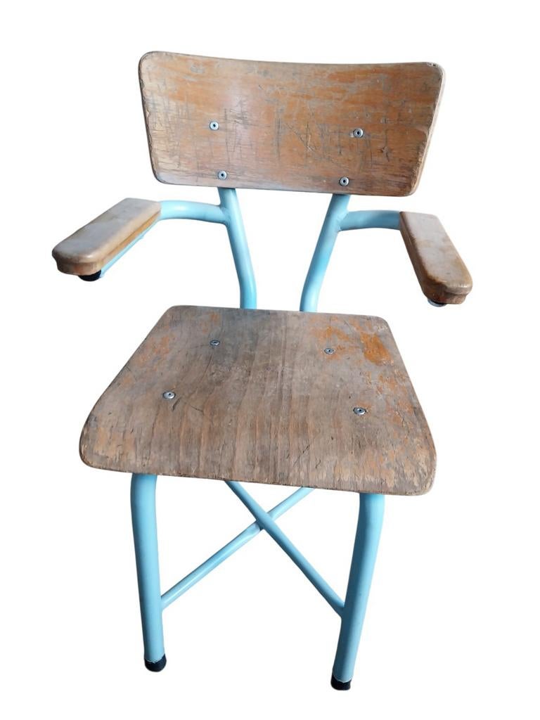Chaise d'écolier vintage – Look industriel & Patine d'origin, Comme neuf, Enlèvement, Bois, Bleu