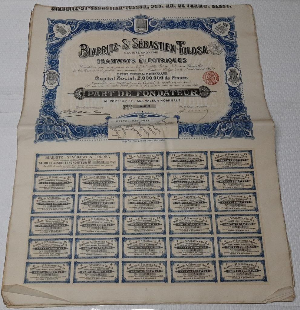 12 Actions" Biarritz-St. Sébastien-Tolosa S.A. de Tramways"., Verzenden, Voor 1920, Aandeel