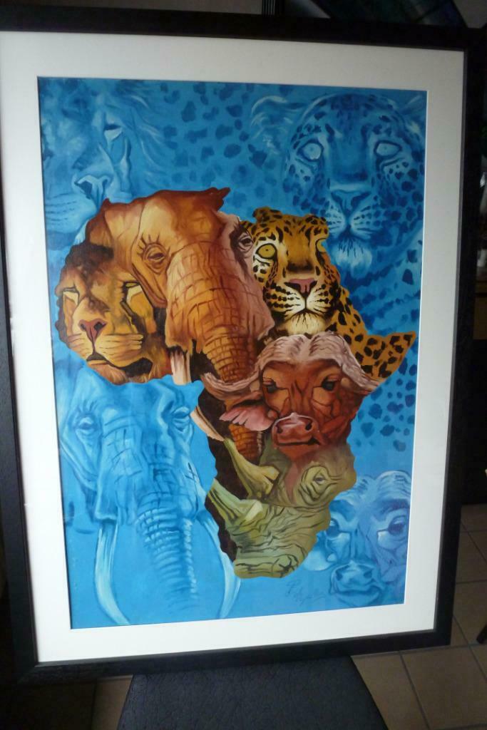 Schilderij 'Big Five' op silhouette Afrika, Antiek en Kunst, Ophalen