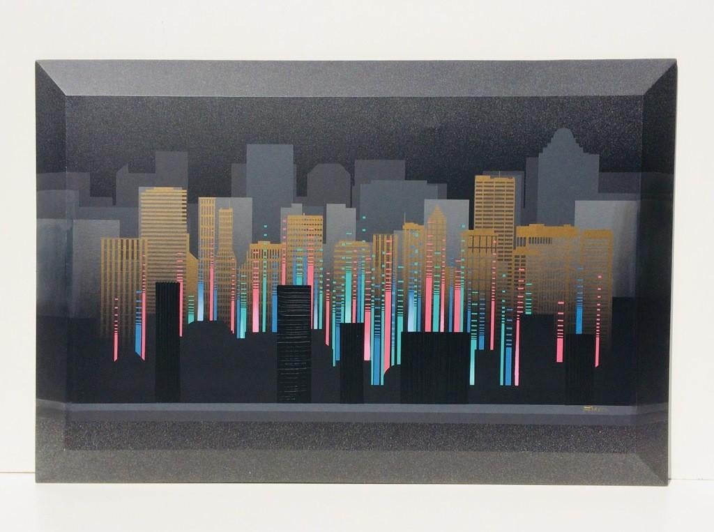 Large painting : Skyscrappers by FRANCO (USA) 80s (152x102), Antiek en Kunst, Kunst | Schilderijen | Modern, Ophalen of Verzenden