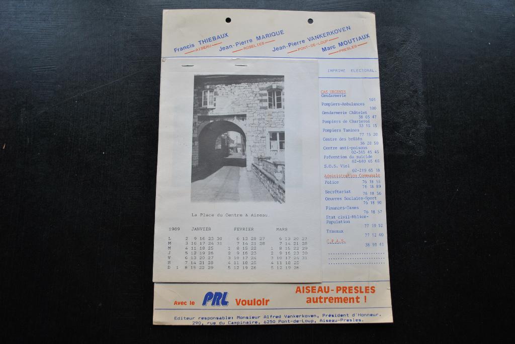 Calendrier PRL Aiseau Presles 1989 Roselies Pont-de-Loup MR, Livres, Histoire nationale, Utilisé, 20e siècle ou après, Enlèvement ou Envoi