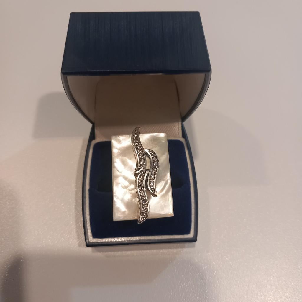 Vintage zilveren ring- briljanten en parelmoer, Enlèvement ou Envoi, Comme neuf, Argent, Argent