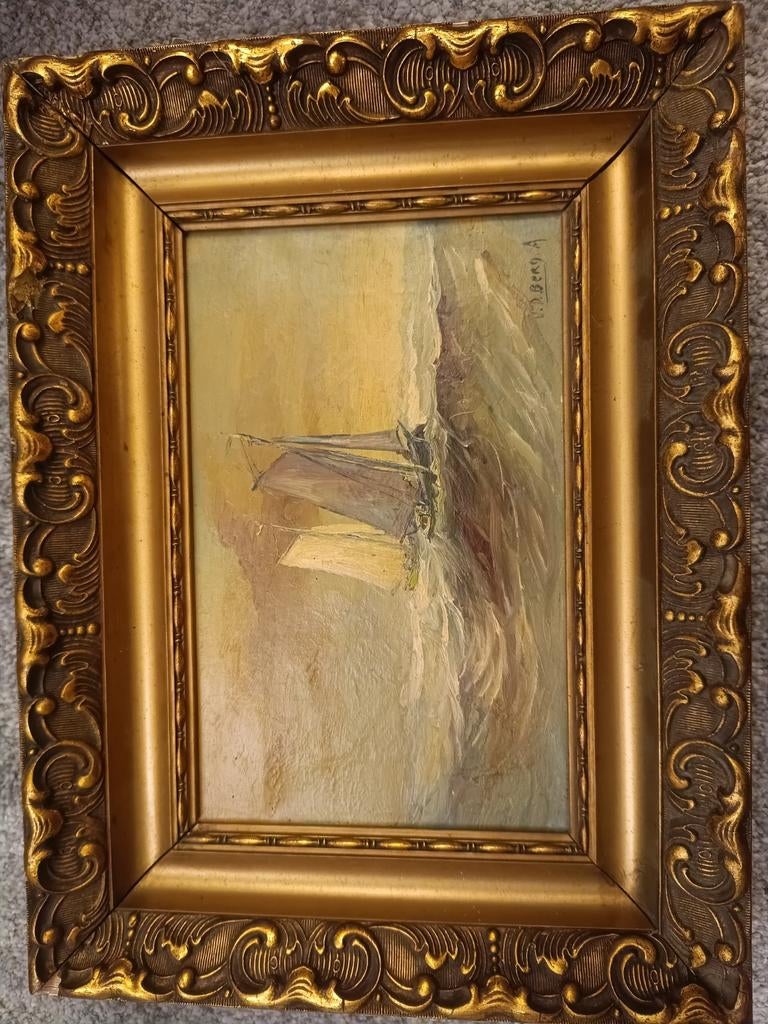 Oude schilderkunst — Marine in olieverf — Zeilboot — Gouden, Ophalen of Verzenden