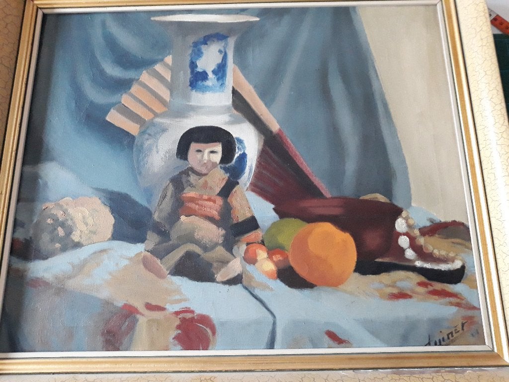 Peinture poupée chinoise sur toile, Antiquités & Art, Portrait ou Personnes, Signé, Peinture à l'huile, Enlèvement