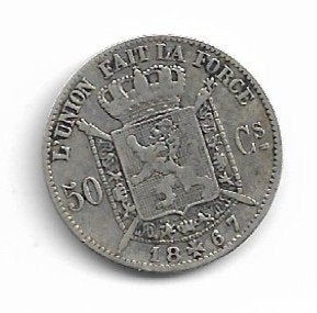 België: 50 cent 1867 FR - zilver = morin 181, Verzenden, Zilver, Losse munt, Zilver