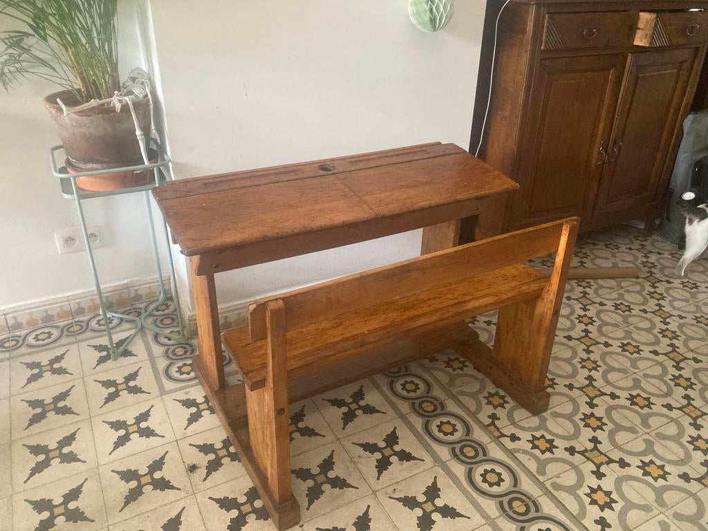 Vintage houten schoolbank voor kinderen, Ophalen, Gebruikt, Tafel(s) en Stoel(en)