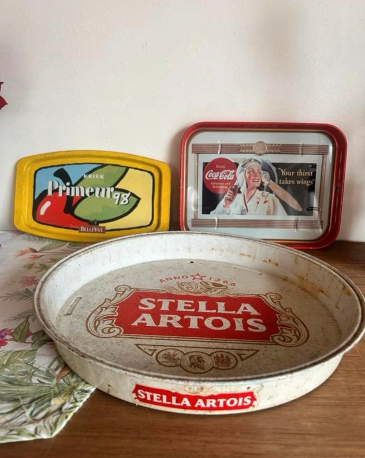 Vintage reclame trays – Stella Artois, Bellevue, Coca‑Cola, Ophalen of Verzenden