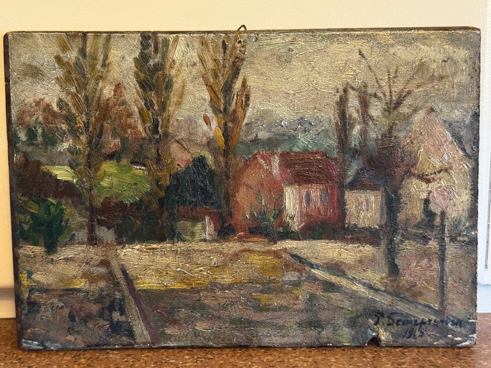 Antiek oud paneel schilderijtje uit 1915 Pierre Scoupreman, Antiek en Kunst, Ophalen, Klassiek, Landschap, Paneel