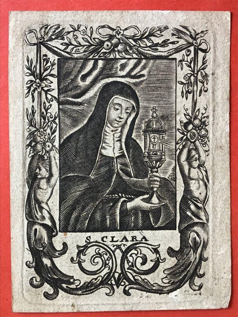 17e -18e Santje gravure Heilige Clara van Assisi, Ophalen of Verzenden, Gebruikt, Kaart of Prent, Christendom | Katholiek