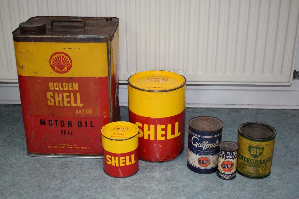 liquidation lot bidon huile shell gulf BP energol, Collections, Marques & Objets publicitaires, Utilisé, Panneau publicitaire