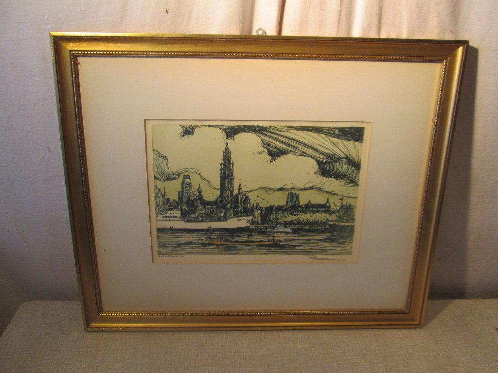 Mooie Gravure 'Zicht op Antwerpen en Schelde' - Roman, Ophalen of Verzenden, Landschap, Gravure, Ingelijst