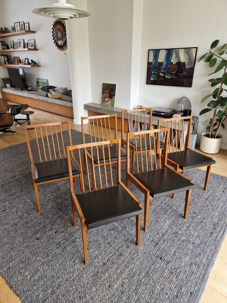Set van 6 vintage midcentury stoelen | retro, Ophalen, Gebruikt, Leer, Vintage midcentury