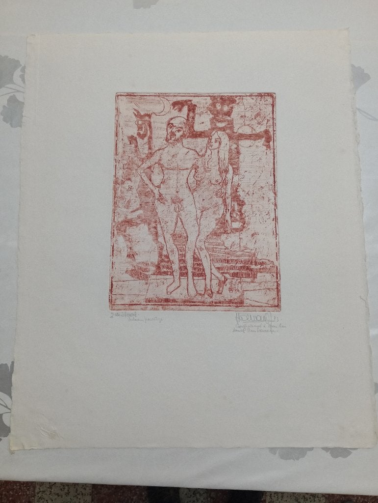 Gravure sanguine Jef Houwen 1973 - Adam & Ève,53x66,B33, Enlèvement ou Envoi, Paysage, Gravure