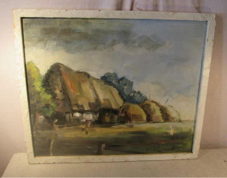Leuk Oud Geschilderd Werk 'Hoeve en Hooimijten' - Prinsen, Ophalen of Verzenden