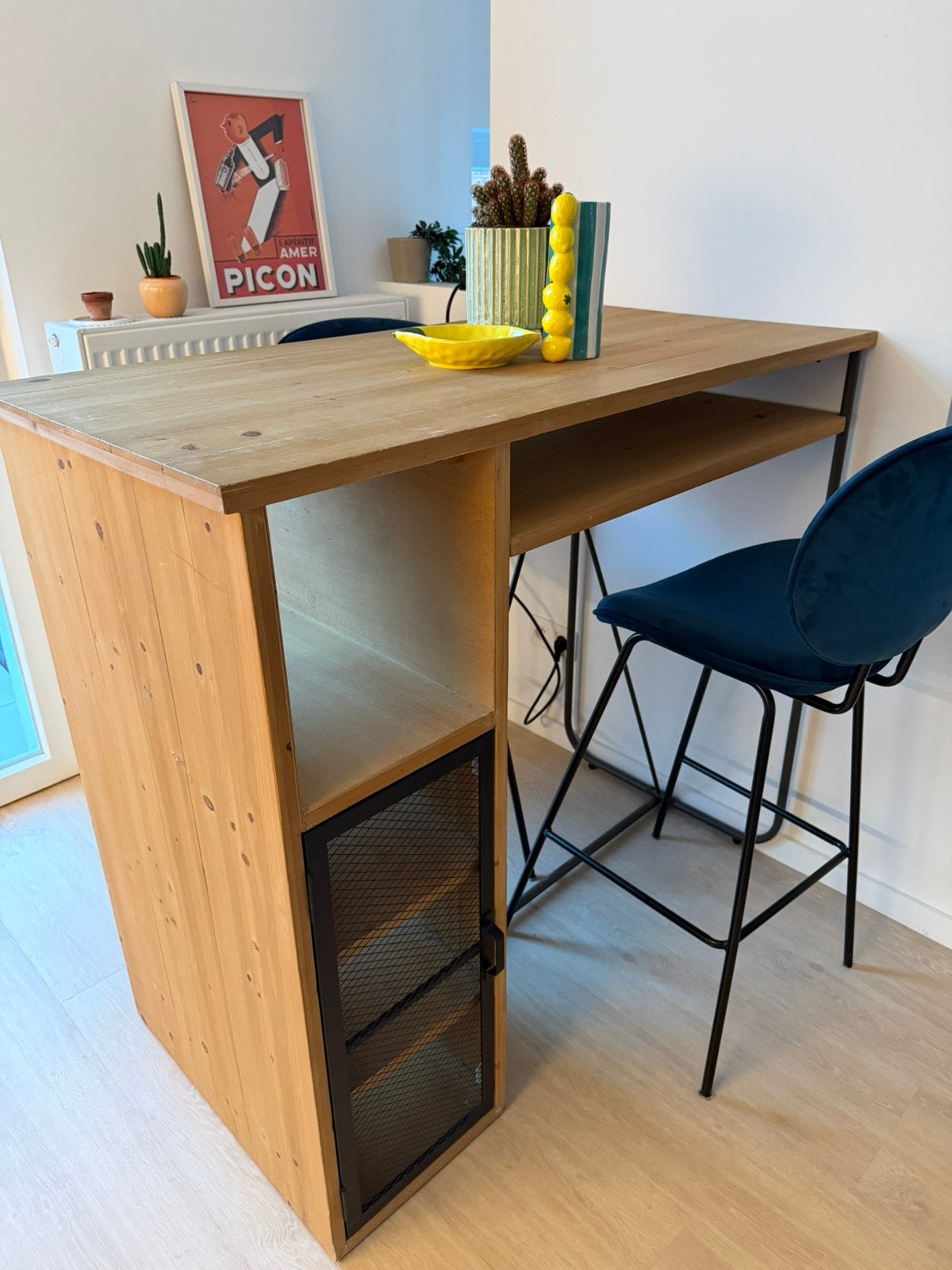Îlot de cuisine / Table haute + 2 chaises en velours bleu, Enlèvement, Neuf