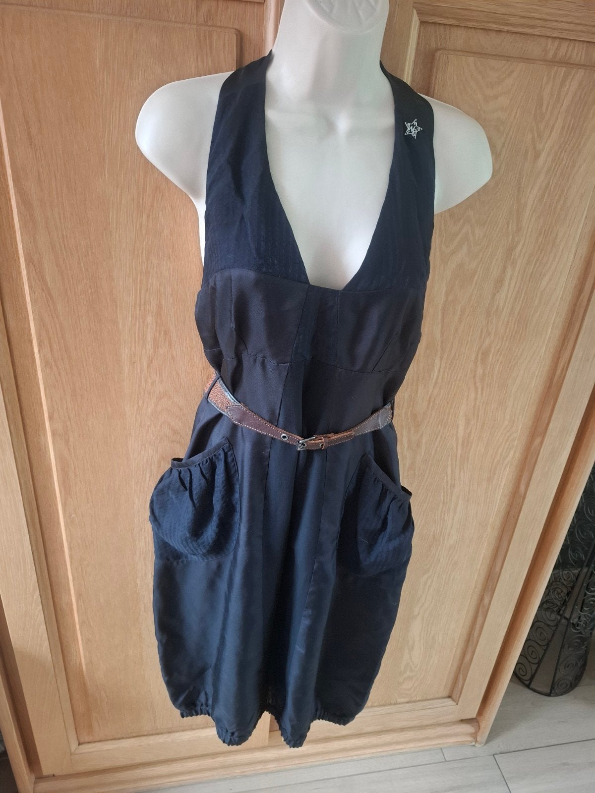 We are replay zijden jurk met open rug S blauw zwart, Kleding | Dames, Blauw, Zo goed als nieuw, Knielengte, Maat 36 (S)
