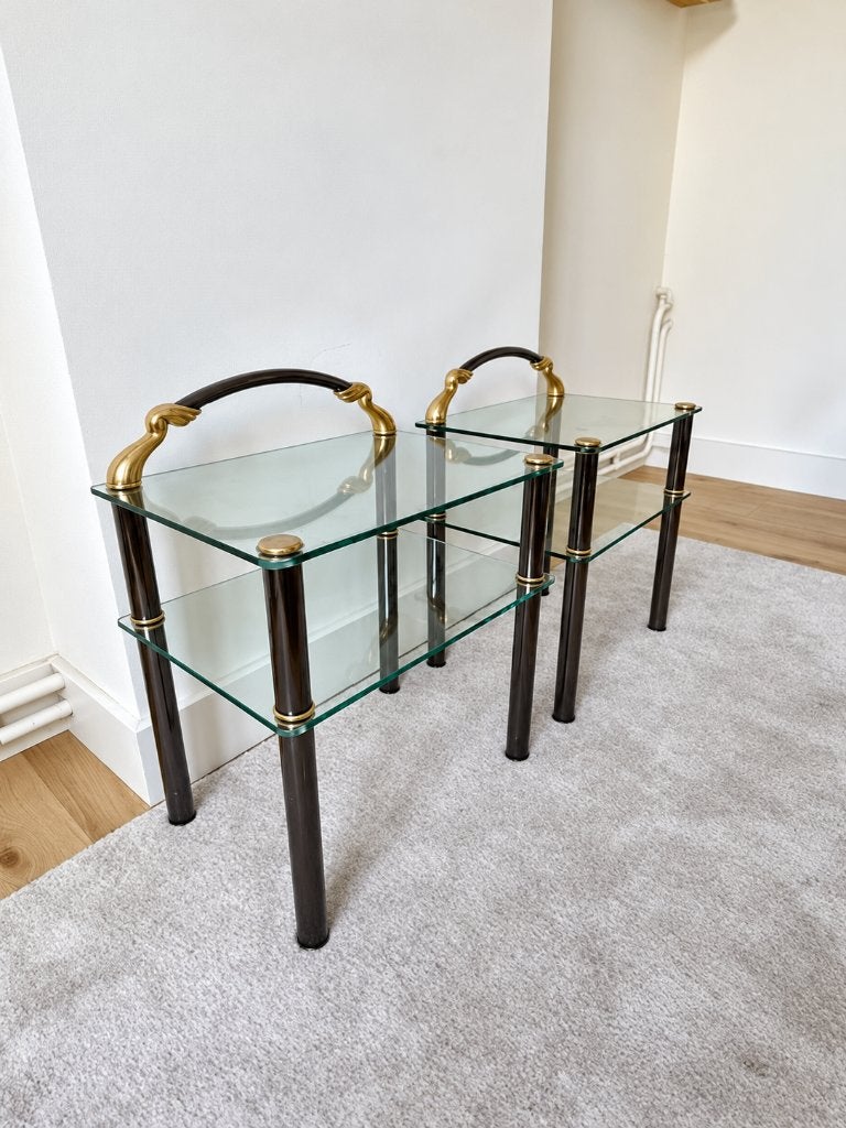 Vintage nachtkastjes of bijzettafels – Hollywood Regency, Huis en Inrichting, Ophalen, Gebruikt, Glas, Hollywood Regency stijl