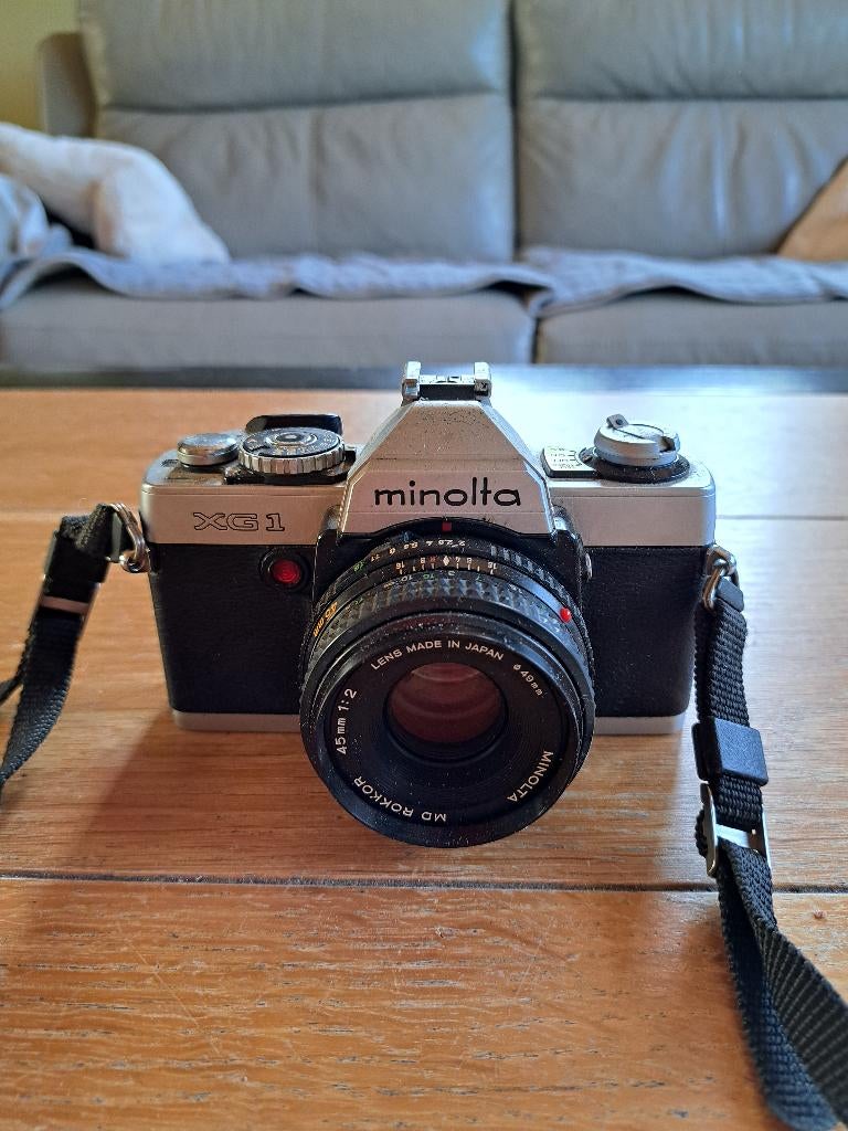Minolta XG 1 + Minolta MD Rokkor 45 mm 1:2, Audio, Tv en Foto, Fotocamera's Analoog, Ophalen, Gebruikt, Spiegelreflex, Minolta