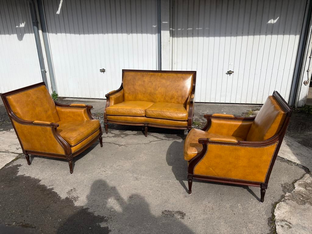 Salon cuir style club – canapé + 2 fauteuils, Enlèvement, Comme neuf, Bois, 2 places