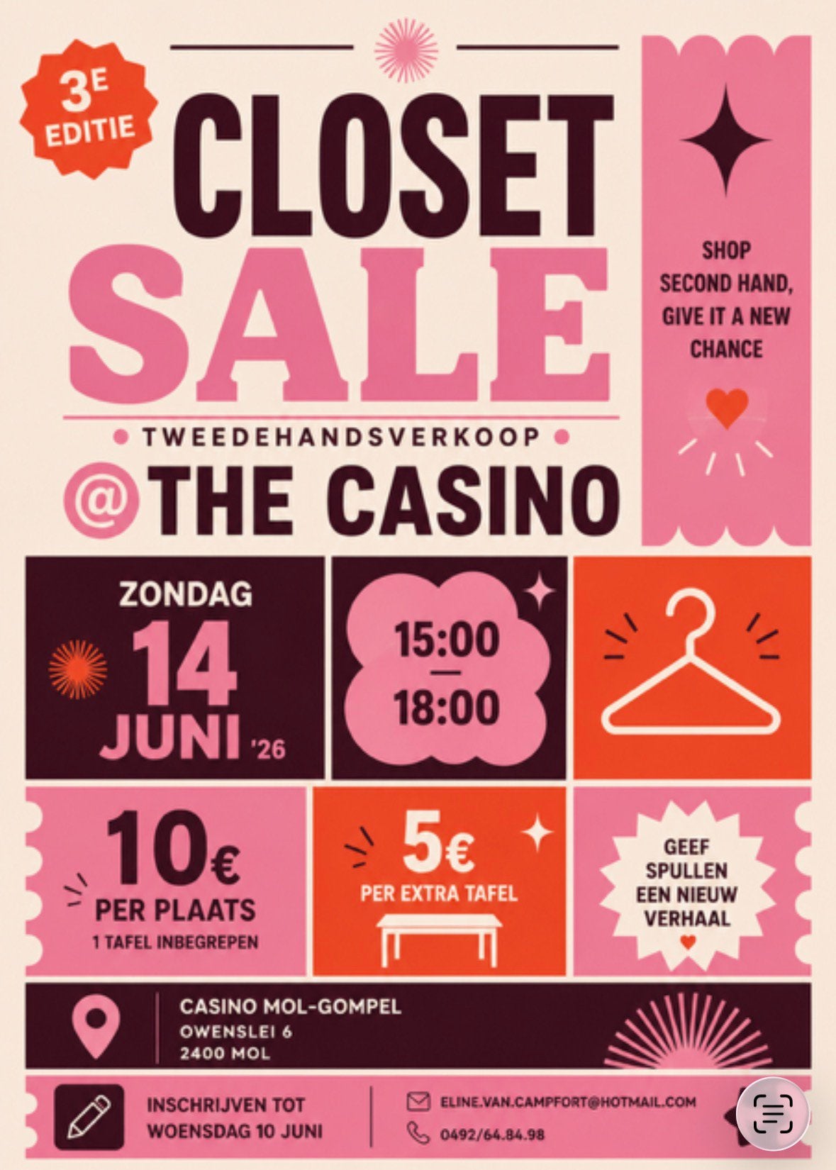 Rommelmarkt zondag 14/06/2026 casino mol-gompel vanaf 14u