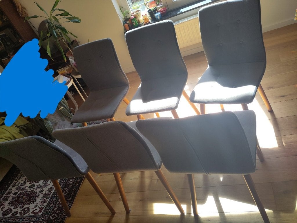 Zes stoelen, grijs bekleed, gebruikt, Ophalen