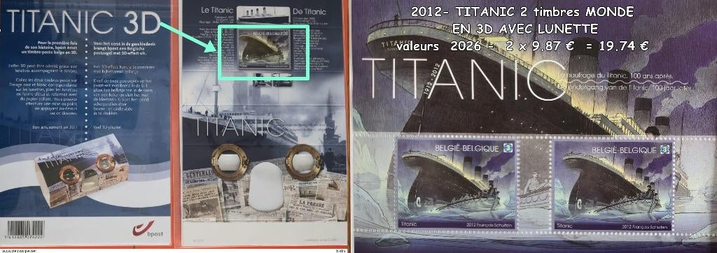 2012- TITANIC 2 timbres MONDE EN 3D AVEC LUNETTE..., Envoi