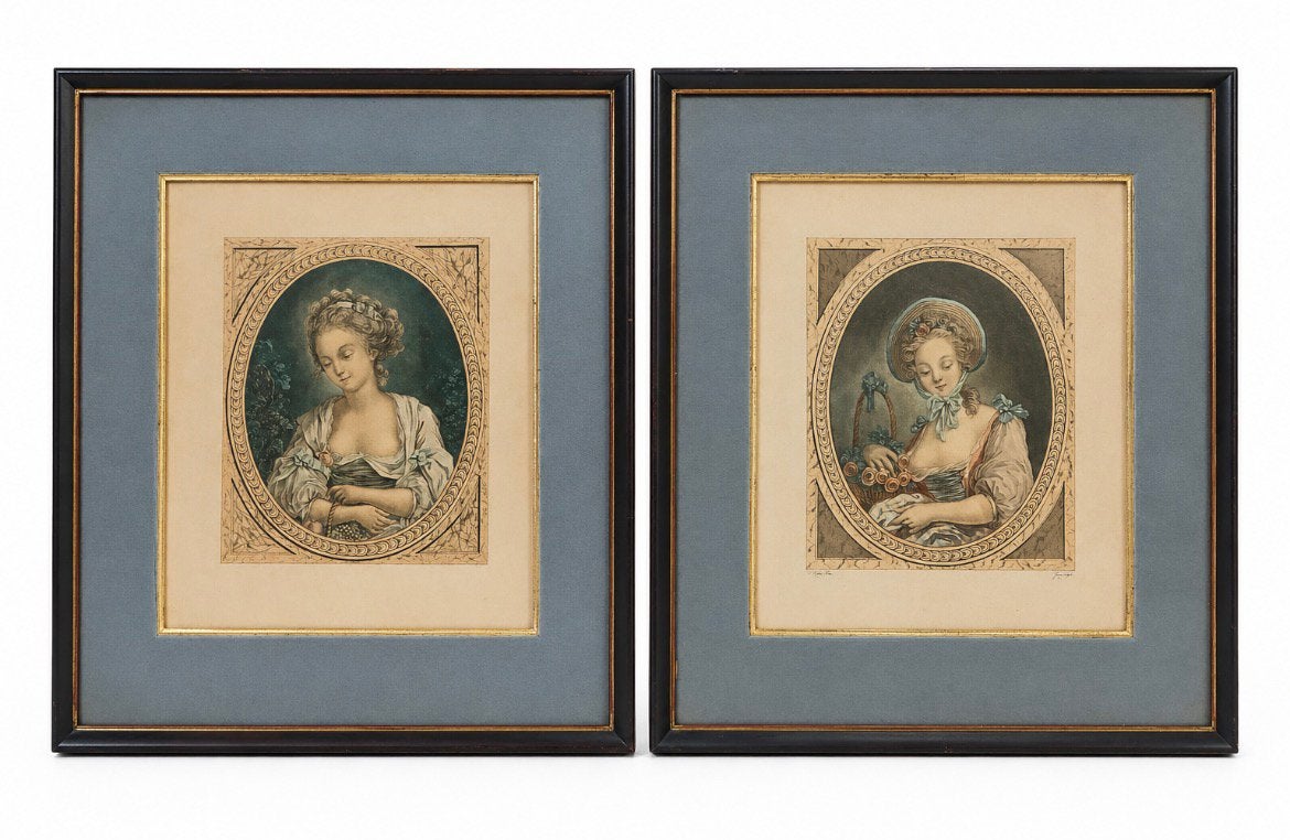 Set van 2 Vintage Ingelijste Damesportretten, Portrait ou Personnes, Avec passe-partout, Enlèvement, Impression