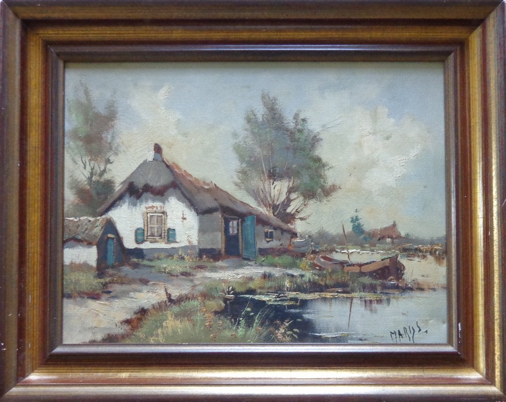 MARIJS / HOEVE NAAST VIJVER / OLIEVERF DOEK / 39x49cm KADER, Antiquités & Art, Enlèvement ou Envoi, Expressionniste, Toile, Maritime / eau