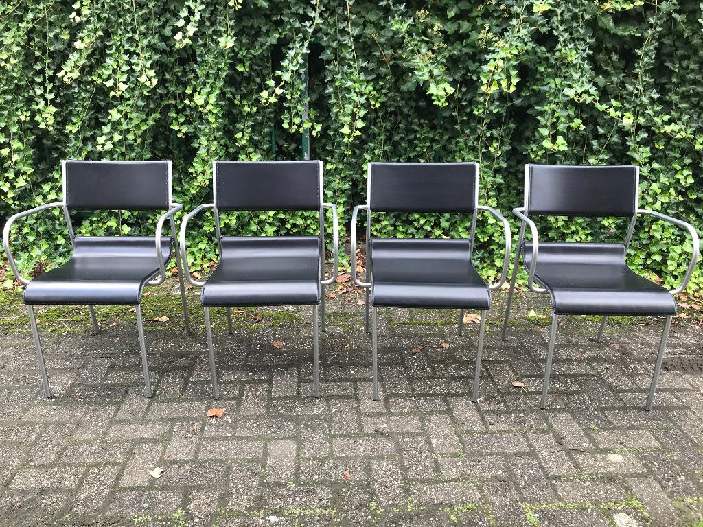 4x Stoelen design - Leer & Geborsteld staal   µf, Ophalen, Leer