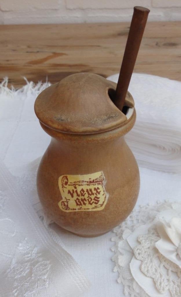 Vintage gres mosterdpotje + dekseltje & lepeltje, Vieux Gres, Antiek en Kunst, Ophalen of Verzenden