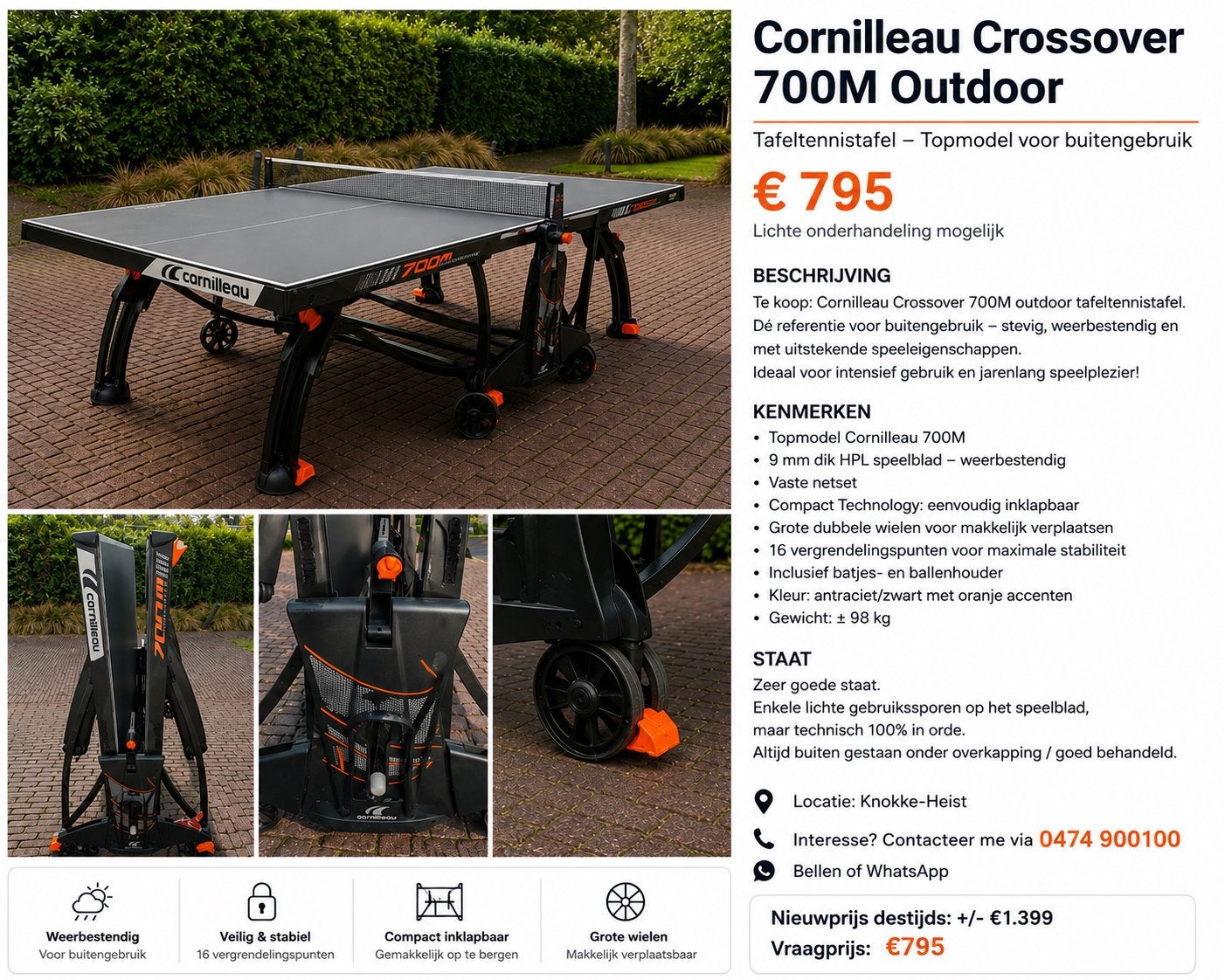 Pingpong tafel - Cornilleau 700M Crossover Outdoor -Topmodel, Ophalen, Zo goed als nieuw