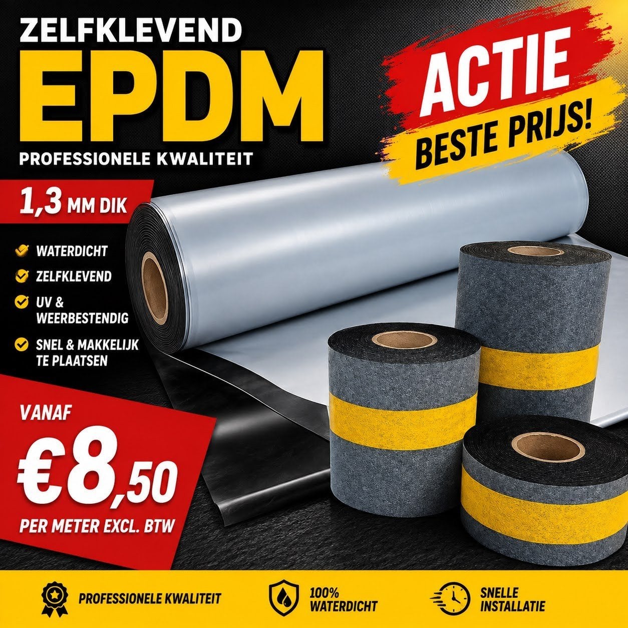 Zelfklevende EPDM Rubberfolie € 8,50m excl. btw, Ophalen, Overige materialen, Zwart, Nieuw