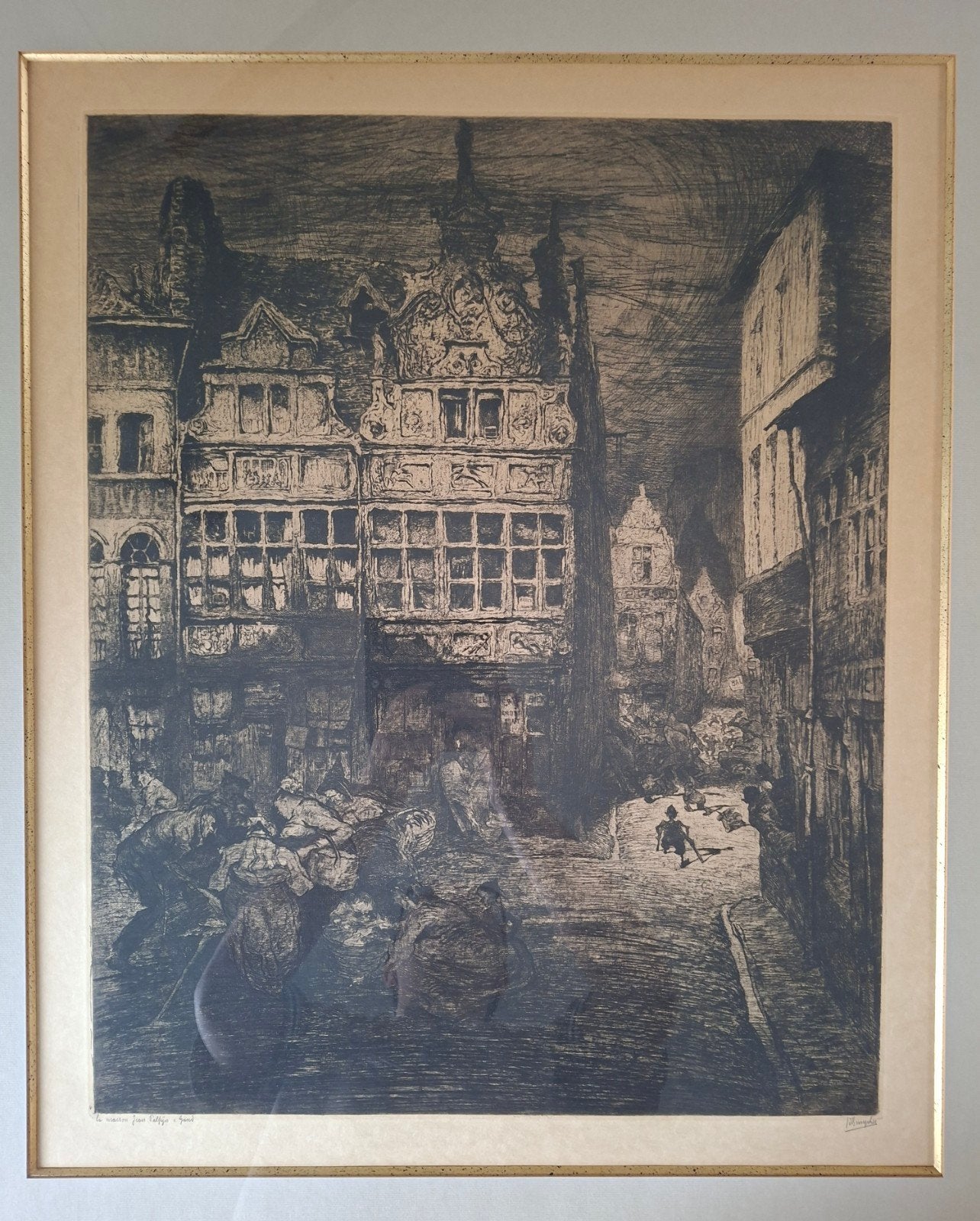 DE BRUYCKER Jules "Maison Jean Palfijn à Gand" ets, Antiek en Kunst, Ophalen, Ets, Ingelijst