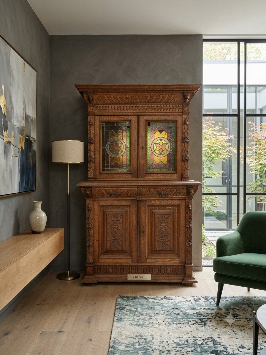 Buffet ancien 'Malines' - vitrail, Maison & Meubles, Armoires | Buffets, Enlèvement, Chêne