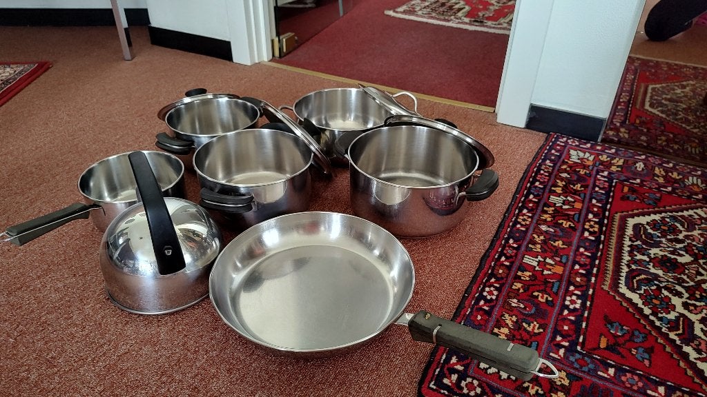 Set van 6 kookpotten en 1 waterketel, Huis en Inrichting, Keuken | Potten en Pannen, Gebruikt, Kookpan, Aluminium, Geschikt voor inductie