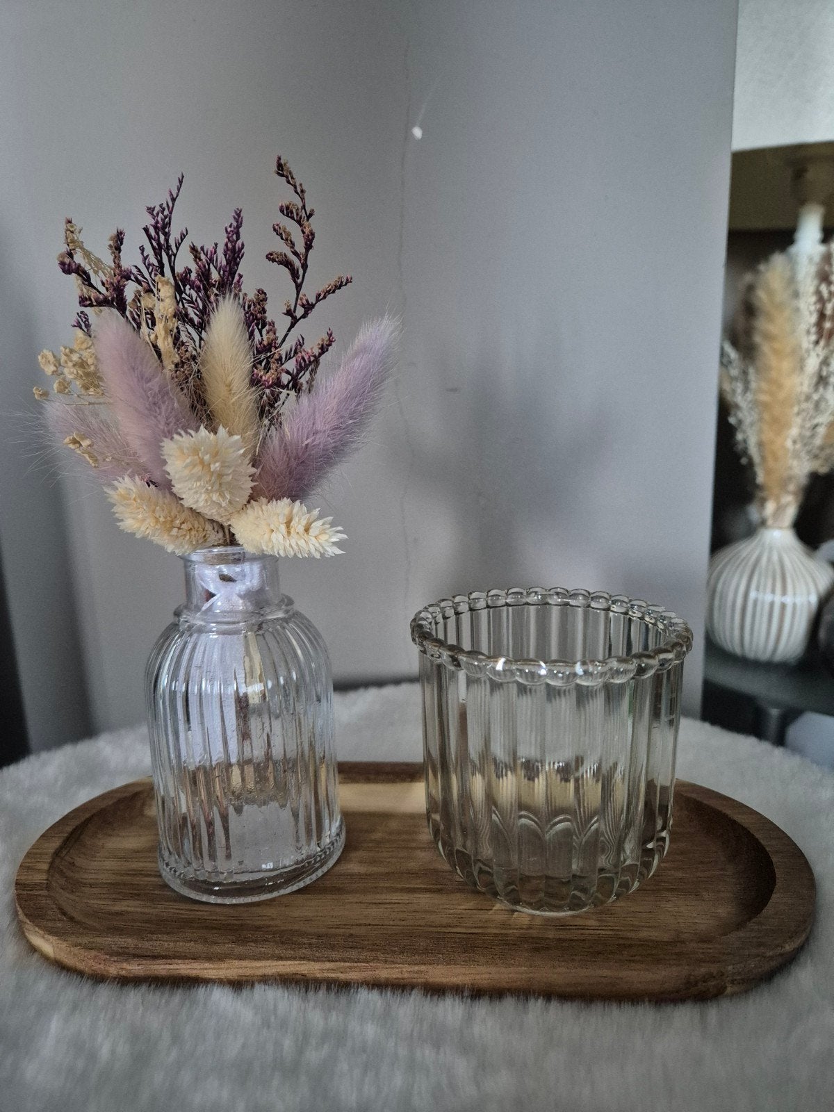 Klein vaasje met droogbloemen en theelichthouder, Huis en Inrichting, Ophalen, Zo goed als nieuw
