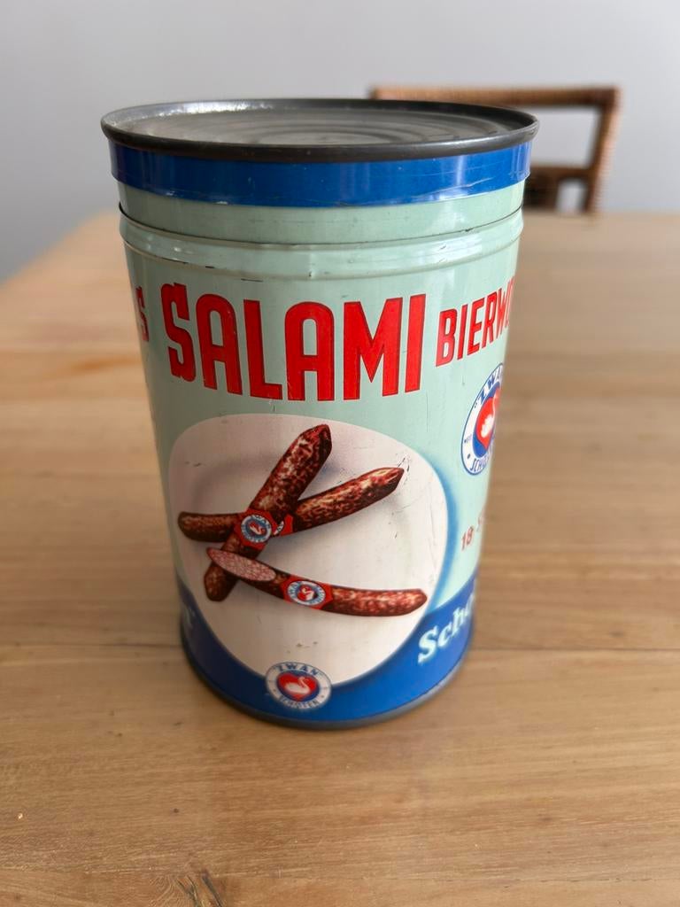 Oud blik Salami bierworstjes Schoten, Ophalen of Verzenden, Zo goed als nieuw
