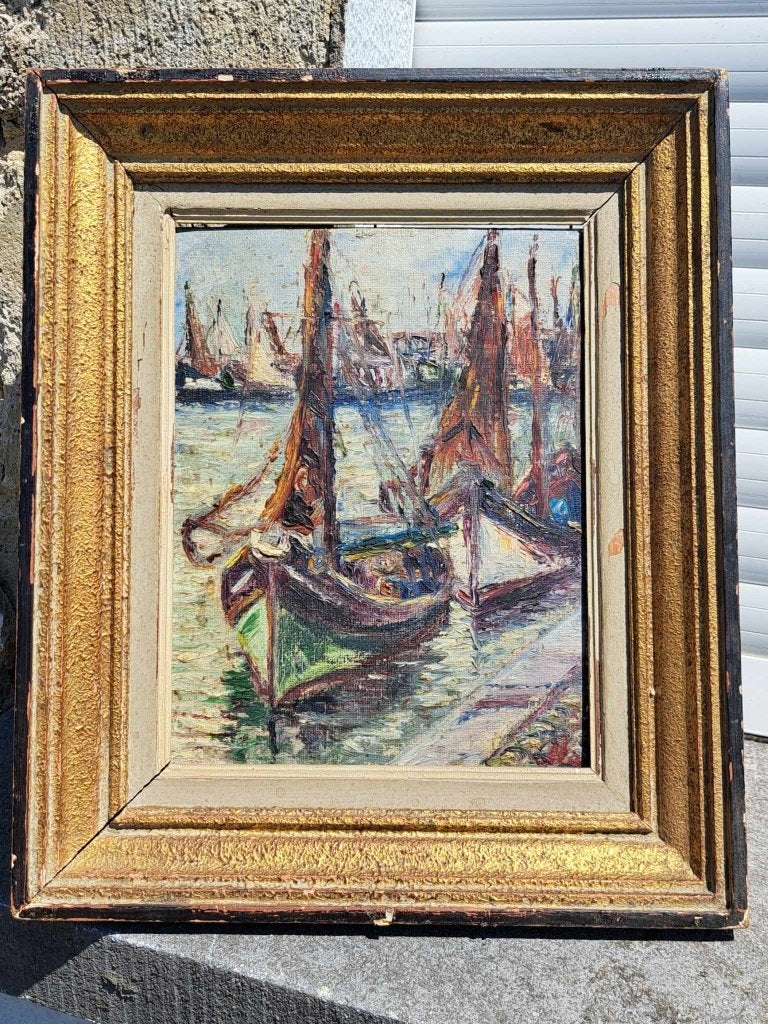 huile sur toile bateau signe alberto lion, Antiquités & Art, Enlèvement ou Envoi, Toile