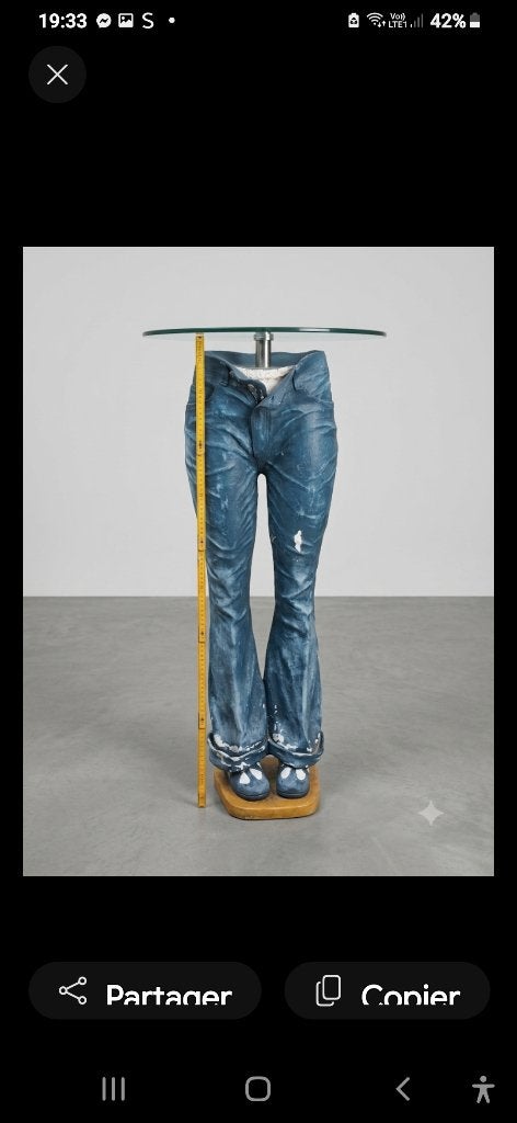 Figurine plateau en verre sur jambes en jeans vintage 1970, Enlèvement, Utilisé, Autres matériaux