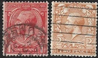 2 Postzegels Groot-Brittannië 1924 Koning George V, Ophalen of Verzenden, Gestempeld