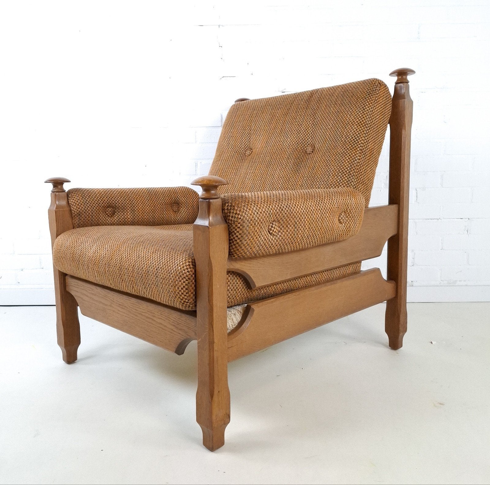 Vintage fauteuil brutalist Deens design hout stof jaren 70, Ophalen