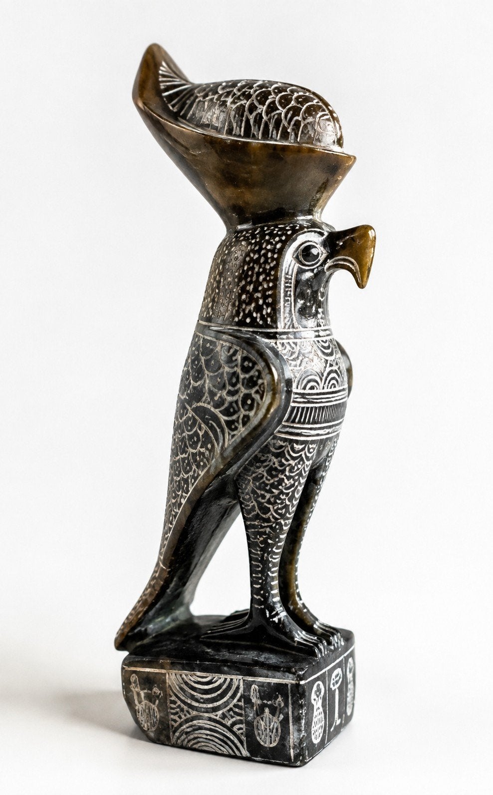 Grote handgesneden Horus valk – Egyptisch beeld – speksteen, Antiek en Kunst, Steen/keramiek, Handgemaakt, Grijs, 23 cm