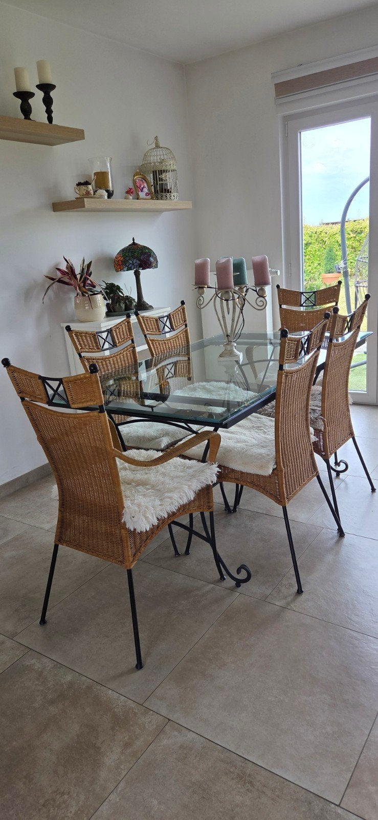Table en verre + 6 chaises en rotin/fer forgé, Enlèvement, Utilisé, Bohème chic, 4 à 6 chaises