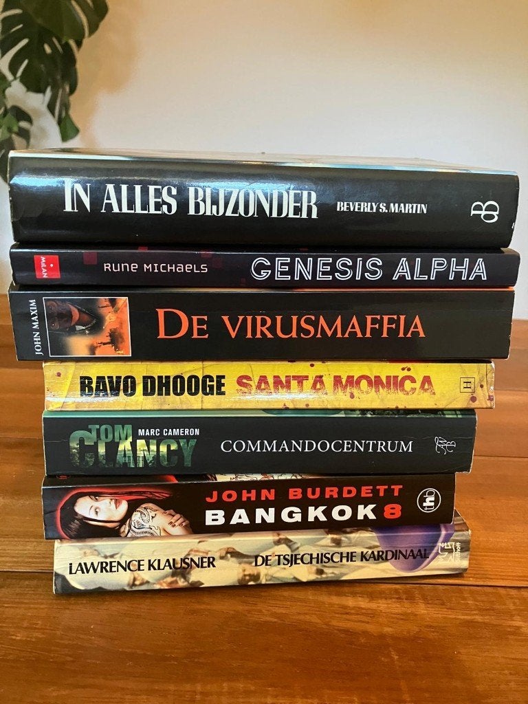 7 boeken — thrillers en romans (Clancy, Burdett, Dhooge...), Ophalen, Gelezen
