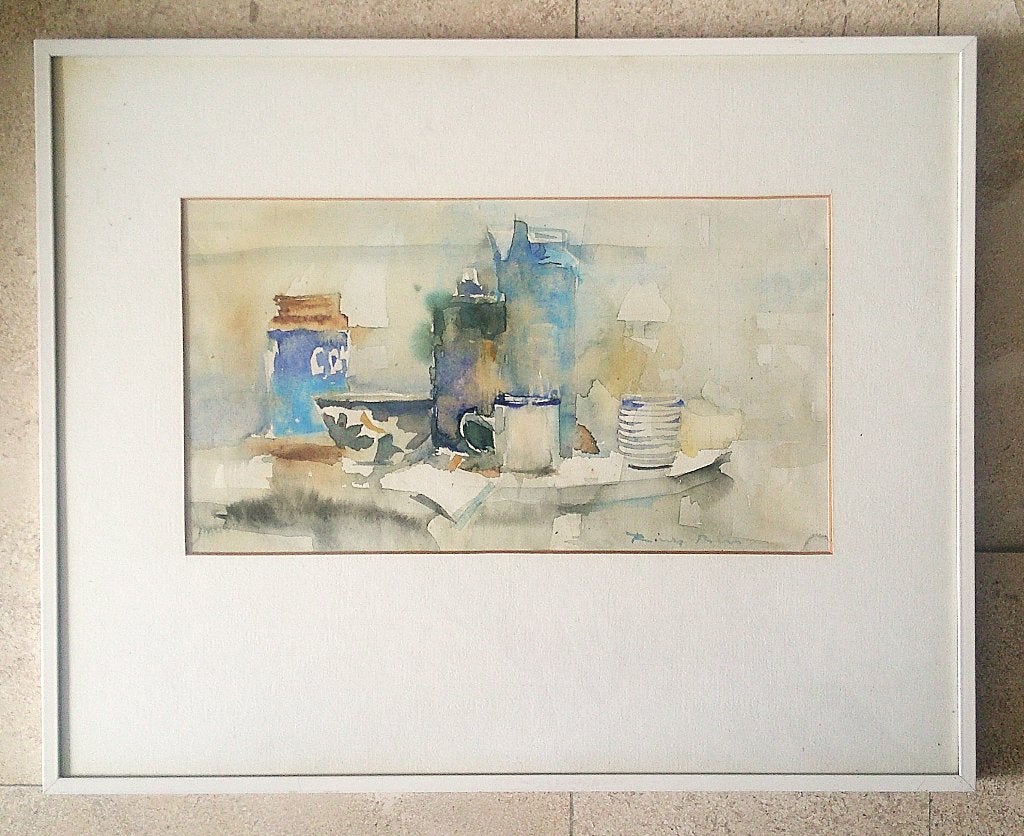 Nature morte - Café sur la table - Riny Bus (Groningen), Enlèvement ou Envoi, Aquarelle, Expressionniste, Nature morte