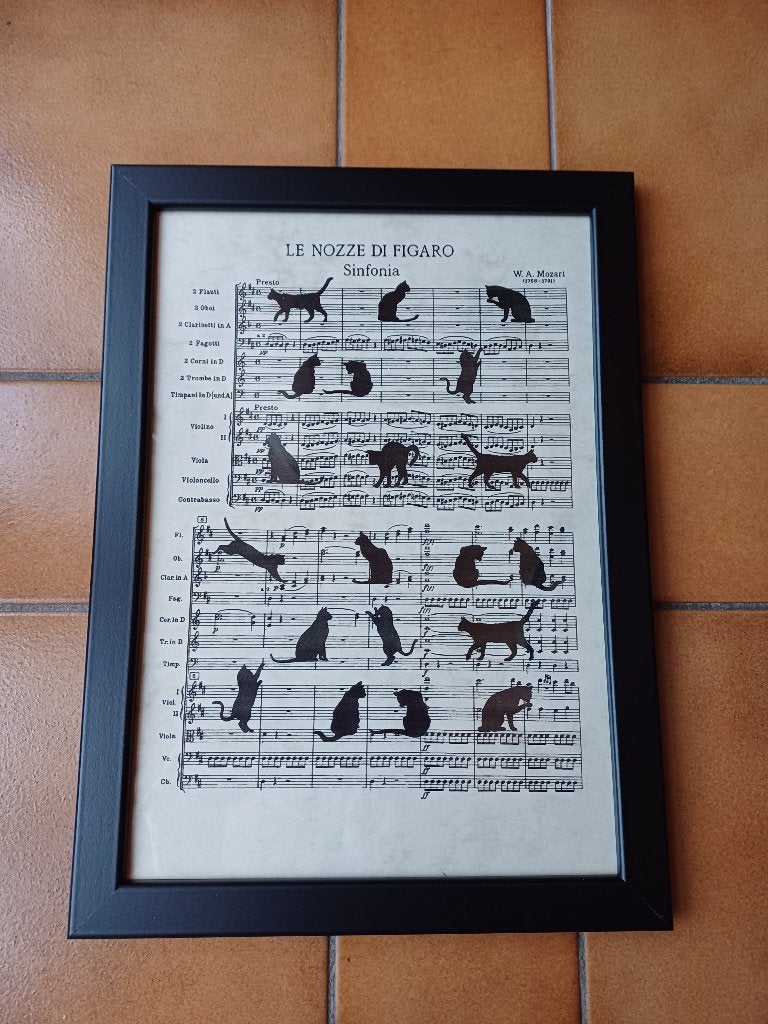 Cadre neuf en bois noir. Chats sur partition de Mozart., Maison & Meubles, Enlèvement ou Envoi, Neuf, Bois, Noir