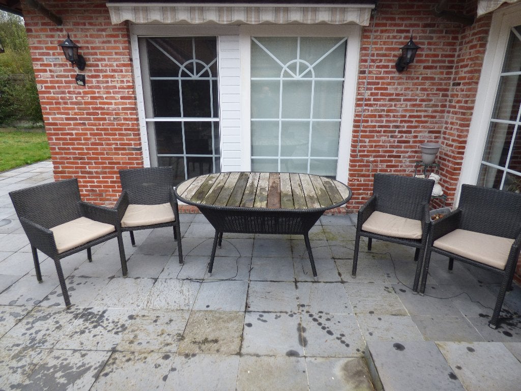 Tuintafel hout met 4 stoelen en 4 kussens, Tuin en Terras, Ophalen, Gebruikt, Ovaal, Kunststof